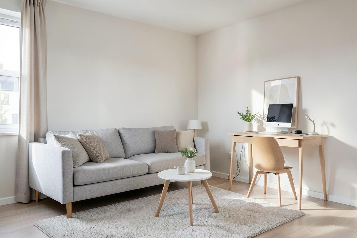 Vardagsrum med soffa och arbetsplats i projektboende för entreprenörer i Dalarna